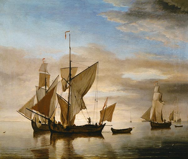 Schiffe auf ruhiger See im Abendlicht à Willem van de Velde le Jeune