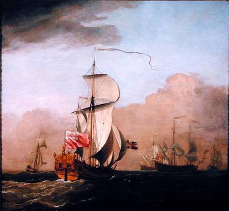 The Second Duke of Albemarle's Ketch with a yacht to the left and three warships in the distance to à Willem van de Velde le Jeune