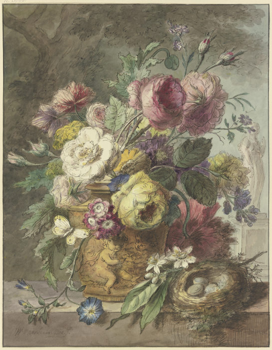 Blumenstrauß in einem figurativ mit einem Putto gestaltenen Topf, dabei ein Vogelnest, im Hintergrun à Willem van Leen