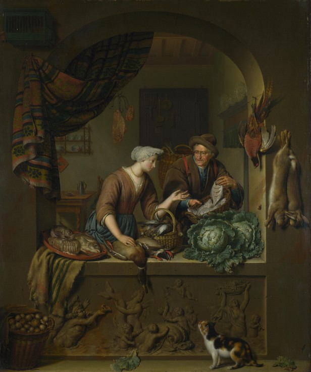 A Woman and a Fish-pedlar in a Kitchen à Willem van Mieris
