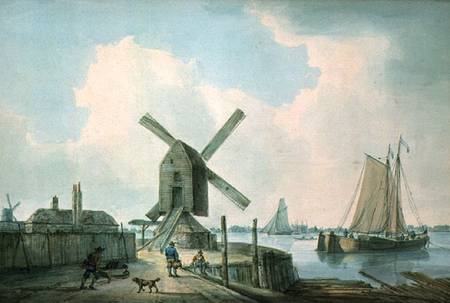 A Shore Scene with Windmills and Shipping à William Anderson