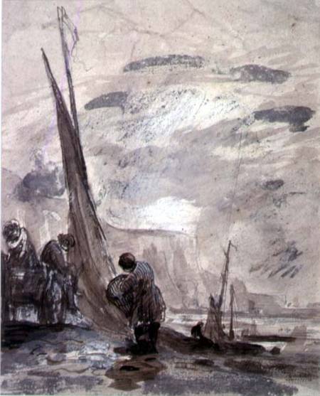 Figures with Cart and Boats on the shore, near cliffs à William Collins