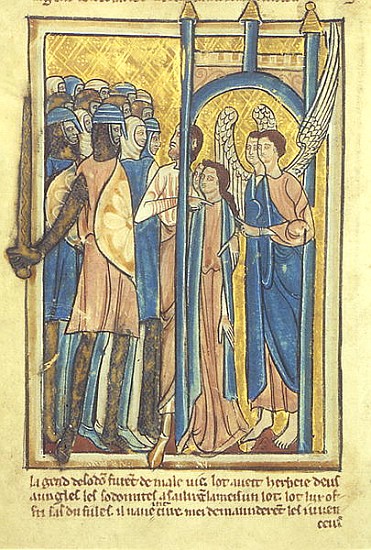 Lot offering his daughters to the inhabitants of Sodom, from a book of Bible Pictures, c.1250 à William de Brailes