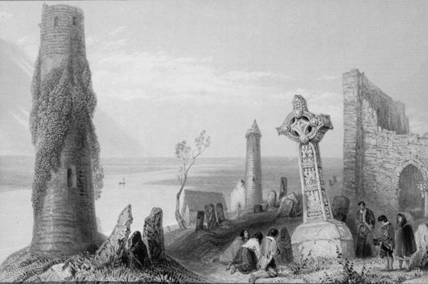 The Ancient Cross and Round Tower at Clonmacnois, County Offaly, Ireland, from 'Scenery and Antiquit à William Henry Bartlett