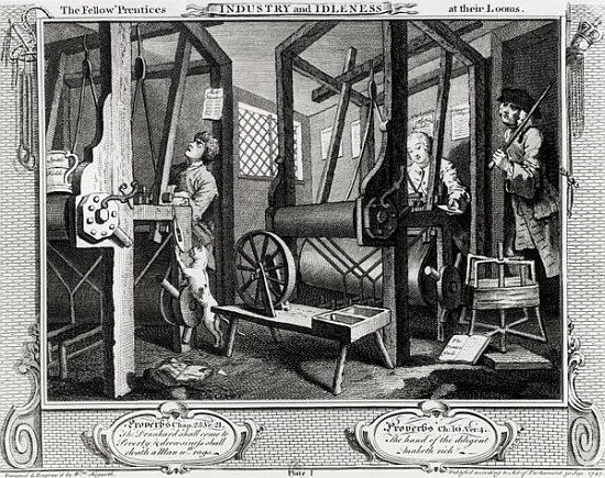 Industry and Idleness, The Fellow''Prentices at their Looms, plate 1 à William Hogarth