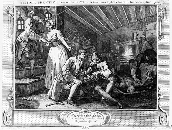 The Idle ''Prentice Betrayed by a Prostitute, plate IX of ''Industry and Idleness'' à William Hogarth