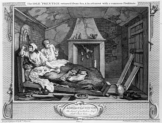 The Idle ''Prentice Returned from Sea, and in a Garret with a common Prostitute'', plate VII of ''In à William Hogarth