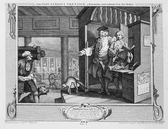 The Industrious ''Prentice a Favourite and Entrusted his Master, plate IV of ''Industry and Idleness à William Hogarth