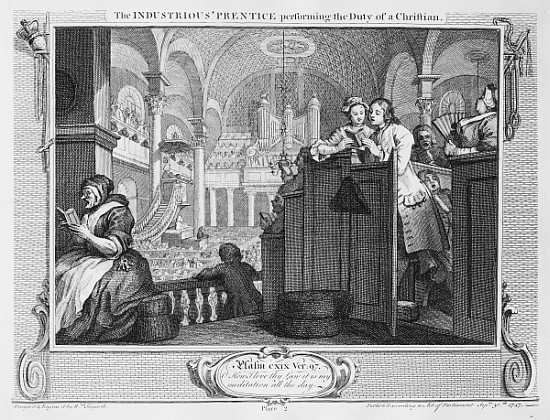 The Industrious ''Prentice Performing the Duty of a Christian, plate II of ''Industry and Idleness'' à William Hogarth