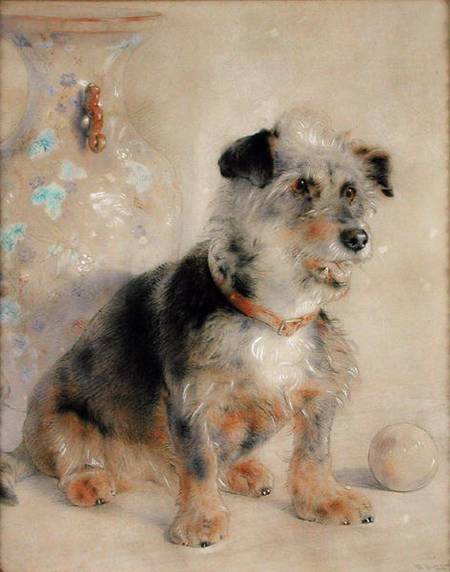 Terrier seated before a Canton Famille Rose Vase à William Huggins
