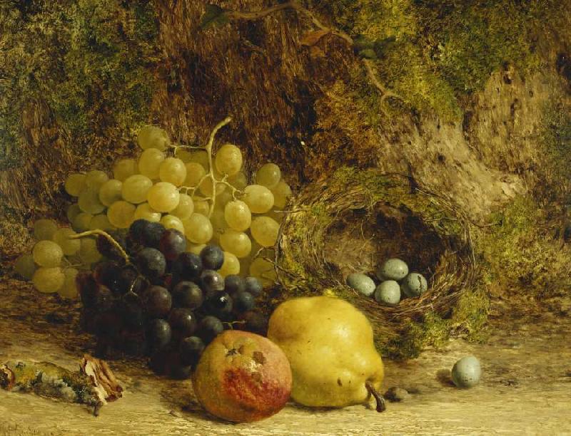 Trauben, ein Apfel, eine Birne und ein Vogelnest auf Moos à William Hughes