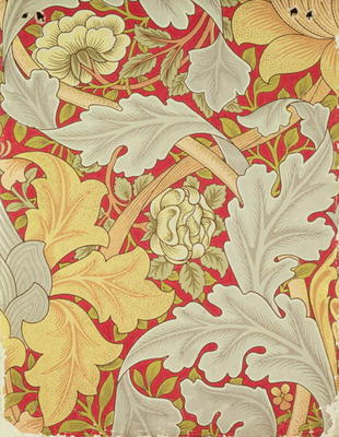 Feuilles d'acanthe et rose sauvage sur fond cramoisi, papier peint à William  Morris