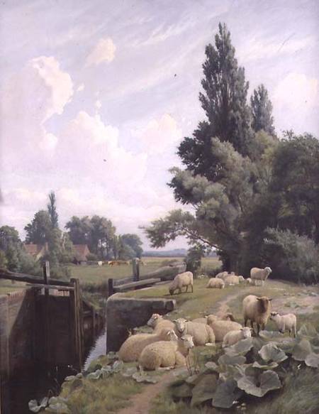 Landscape with a Canal Lock and a Flock of Sheep à William Sidney Cooper