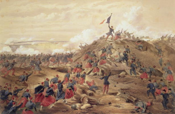 The Attack on the Malakoff, plate from 'The Seat of War in the East', pub. by Paul & Dominic Colnagh à William Simpson