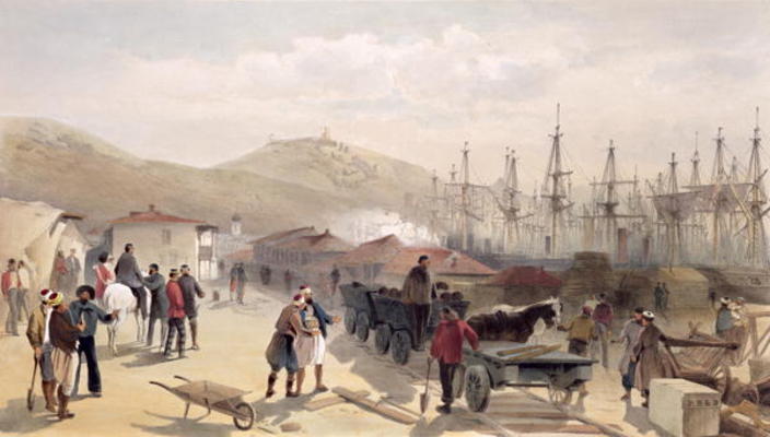 The Railway at Balaklava, plate from 'The Seat of War in the East', 1856 (colour litho) à William Simpson