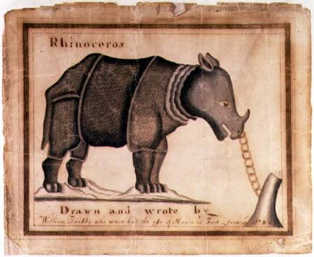 'Rhinoceros, drawn and wrote by William Twiddy who never had the use of hands or feet' à William Twiddy