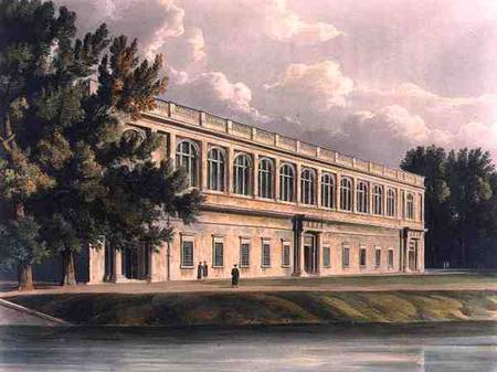 Exterior of Trinity Library from St. John's Gardens, Cambridge, from 'The History of Cambridge', eng à William Westall