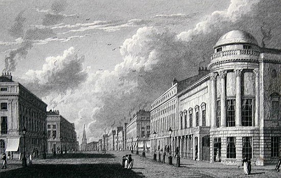 Regent Street, with the Argyle Rooms; engraved by Charles Heath à William Westall
