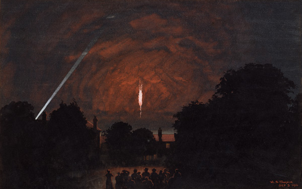 The Zeppelin which fell at Cuffley, 1916 (w/c and bodycolour on paper)  à William Stephen Tomkin