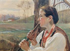 Girl with Rake, c.1914 (oil on board) 