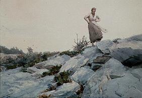 Jeune femme debout sur des rochers.
