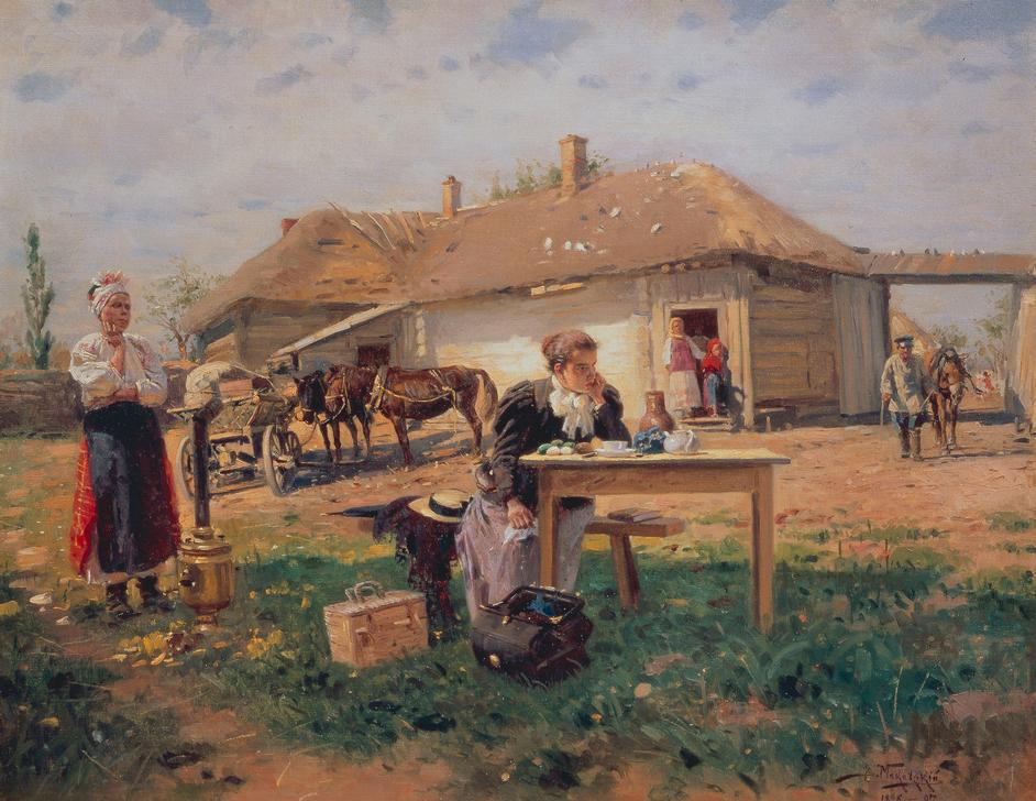 Die Ankunft der Lehrerin auf dem Dorfe à Wladimir Jegorowitsch Makowski
