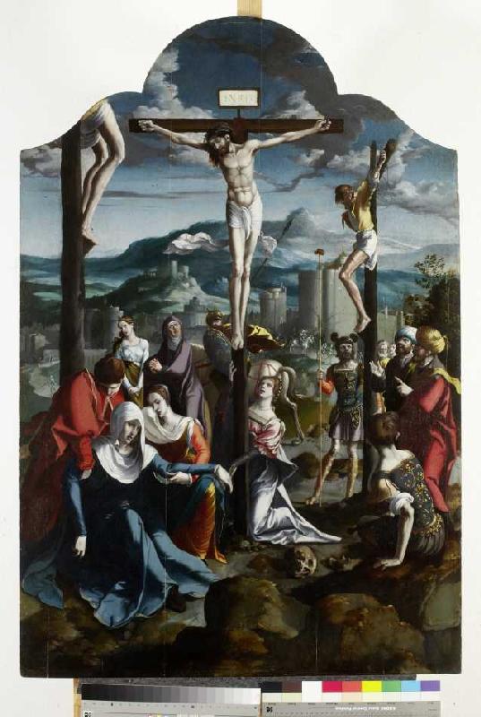 Triptychon mit der Kreuzigung Christi, Heiligen und Stifterfamilie. Mitteltafel: Kreuzigung Christi. à Wojciech Styka