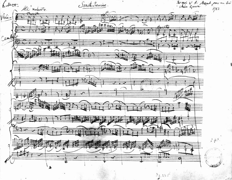 Ms.225 Sonate Premiere for violin and harpsichord in C major (K 403) 1782 à Wolfgang Amadeus Mozart