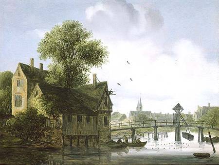 A Town on a river with a bridge à Wouter Knyff