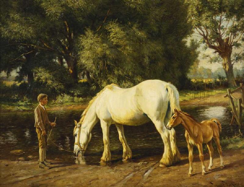 Eine Stute mit ihrem Fohlen an einer Furt. à Wright Barker