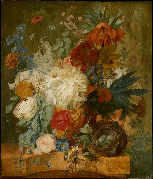Still Life with Bouquet of Flowers and Birds Nest à Wybrand Hendriks