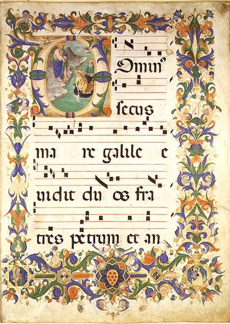 Missal 515 f.1r Page of choral music with an historiated initial 'O' depicting The Calling of St. Pe à Zanobi di Benedetto Strozzi