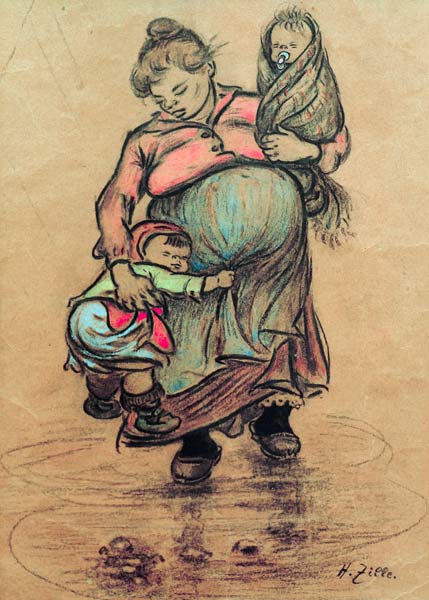 H.Zille, Mutter mit zwei Kindern à Heinrich Zille
